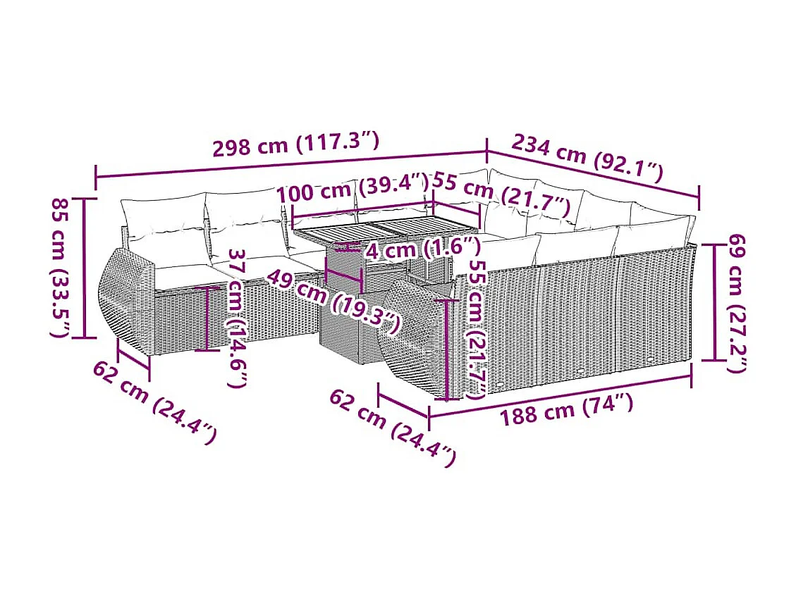 11-delige Loungeset met kussens poly rattan zwart