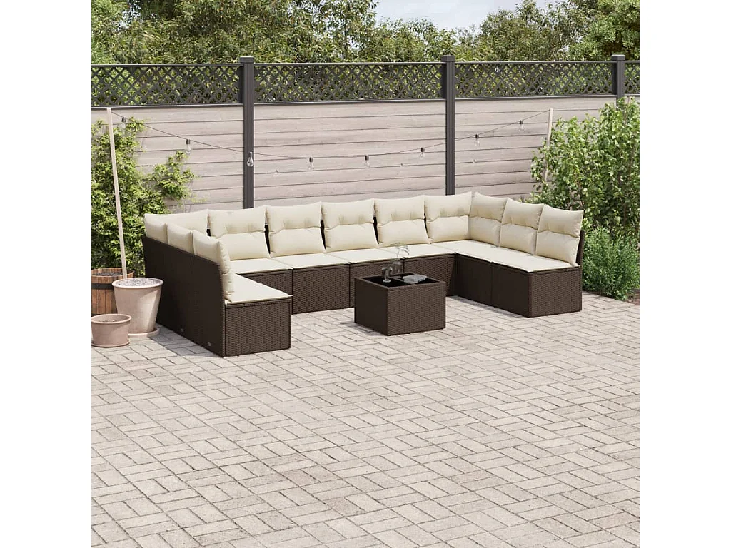 Salon de jardin et coussins 11 pcs marron résine tressée