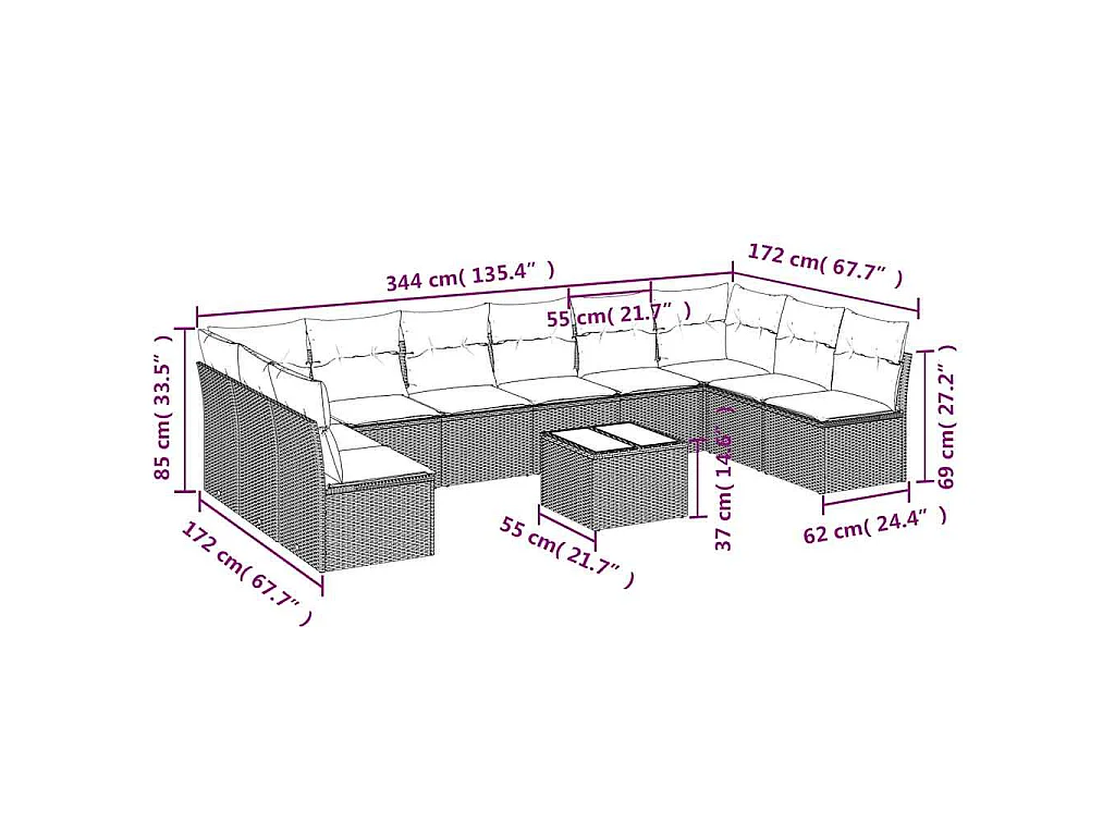11-delige Loungeset met kussens poly rattan bruin