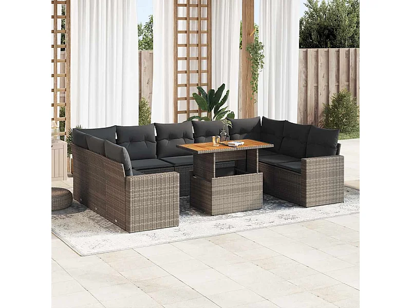 Salon de jardin avec coussins 10 pcs gris résine tressée