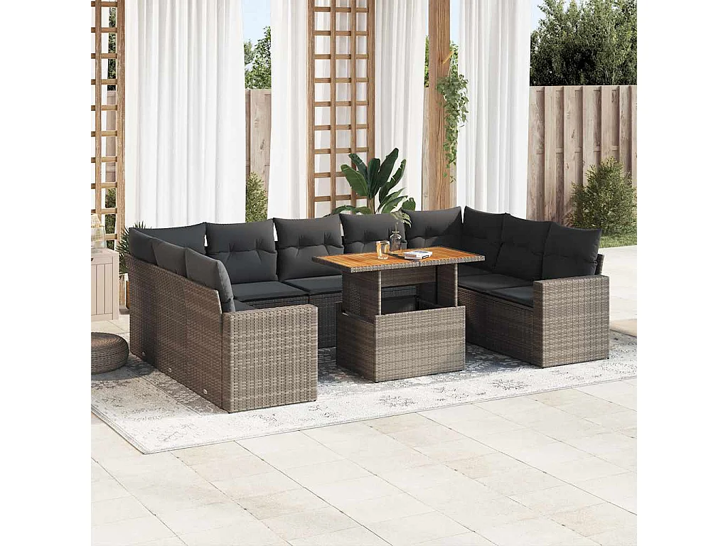 Salon de jardin avec coussins 10 pcs gris résine tressée
