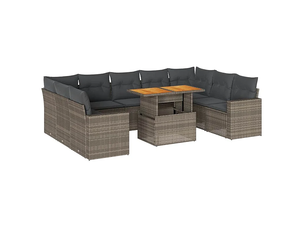 10-delige Loungeset met kussens poly rattan grijs
