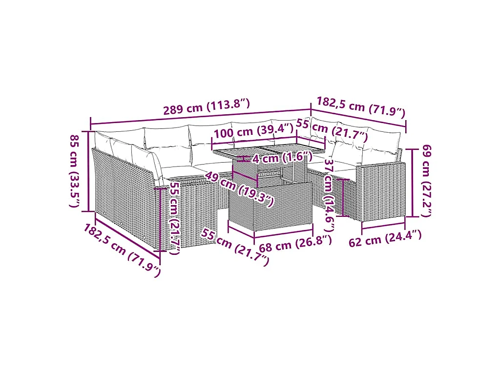 10-delige Loungeset met kussens poly rattan grijs