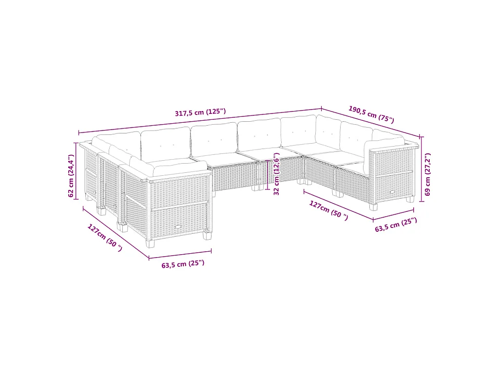9-tlg. Garten-Sofagarnitur mit Kissen Beige Poly Rattan