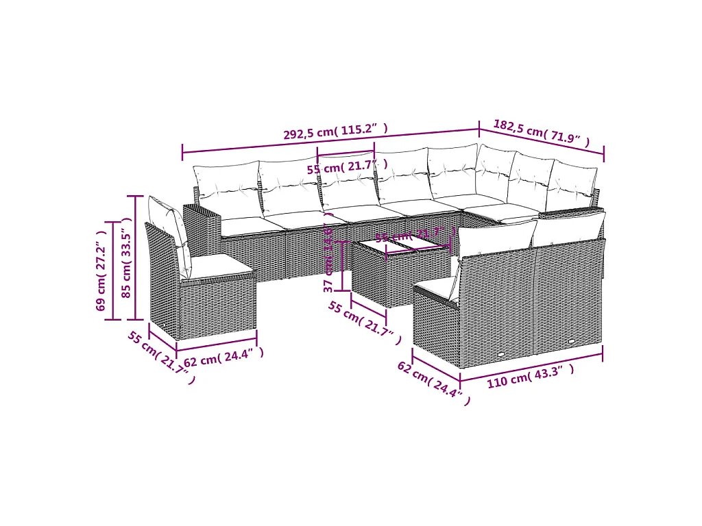 11-delige Loungeset met kussens poly rattan bruin