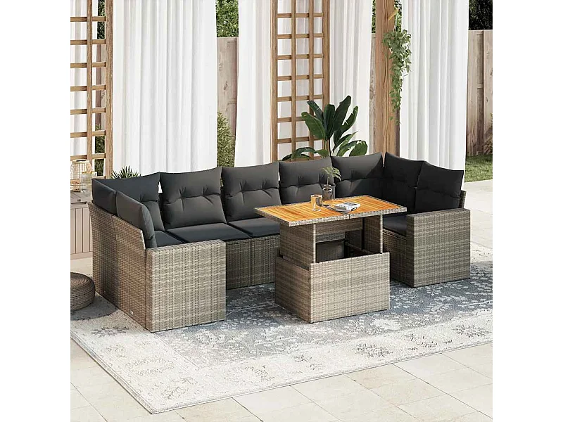 8-tlg. Garten-Sofagarnitur mit Kissen Grau Poly Rattan