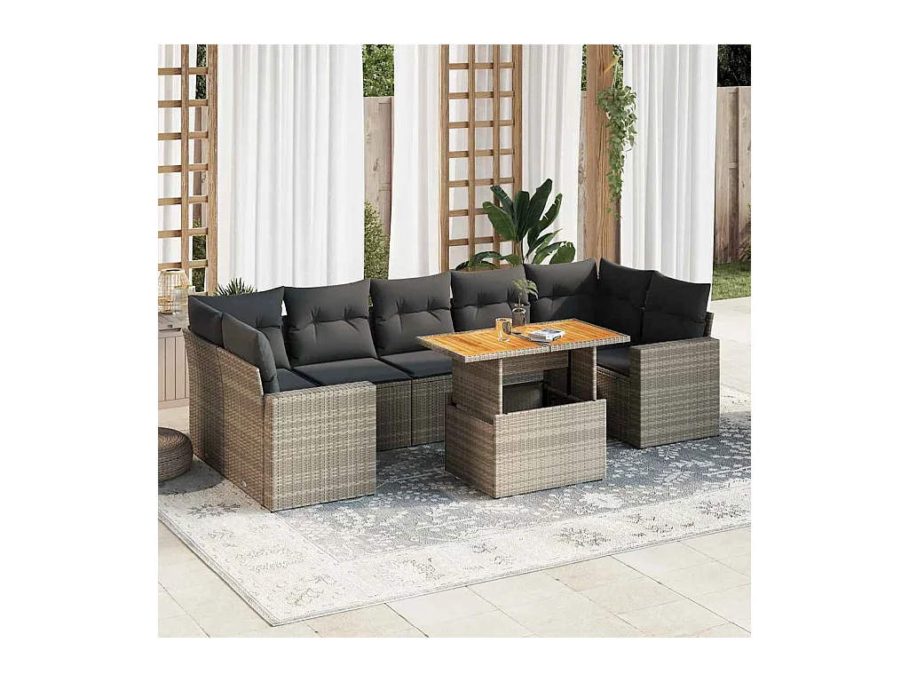 8-delige Loungeset met kussens poly rattan grijs