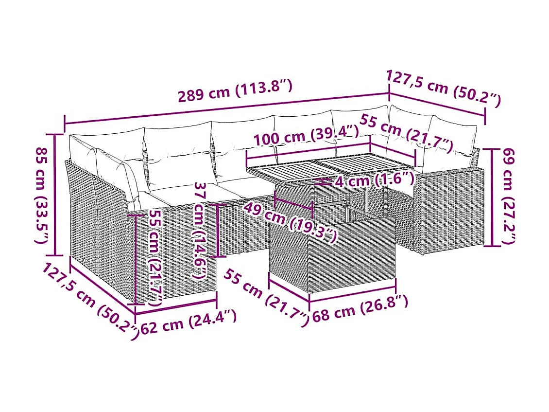 8-delige Loungeset met kussens poly rattan grijs