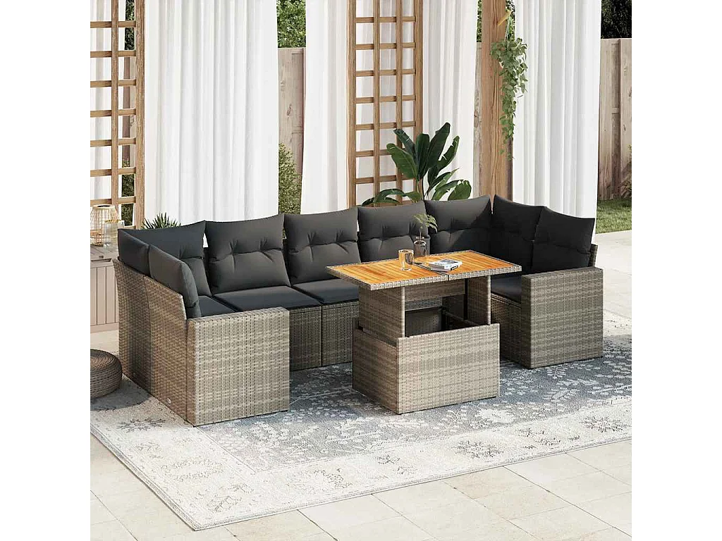 Salon de jardin 8 pcs avec coussins gris résine tressée