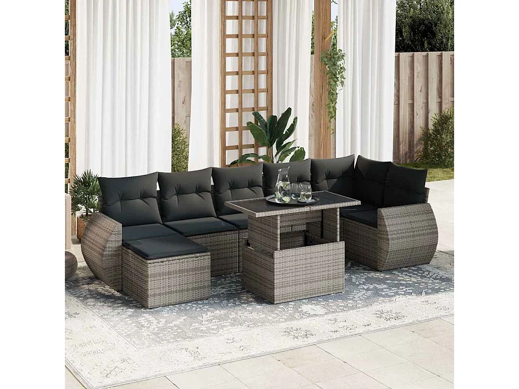 Salon de jardin 8 pcs avec coussins gris résine tressée