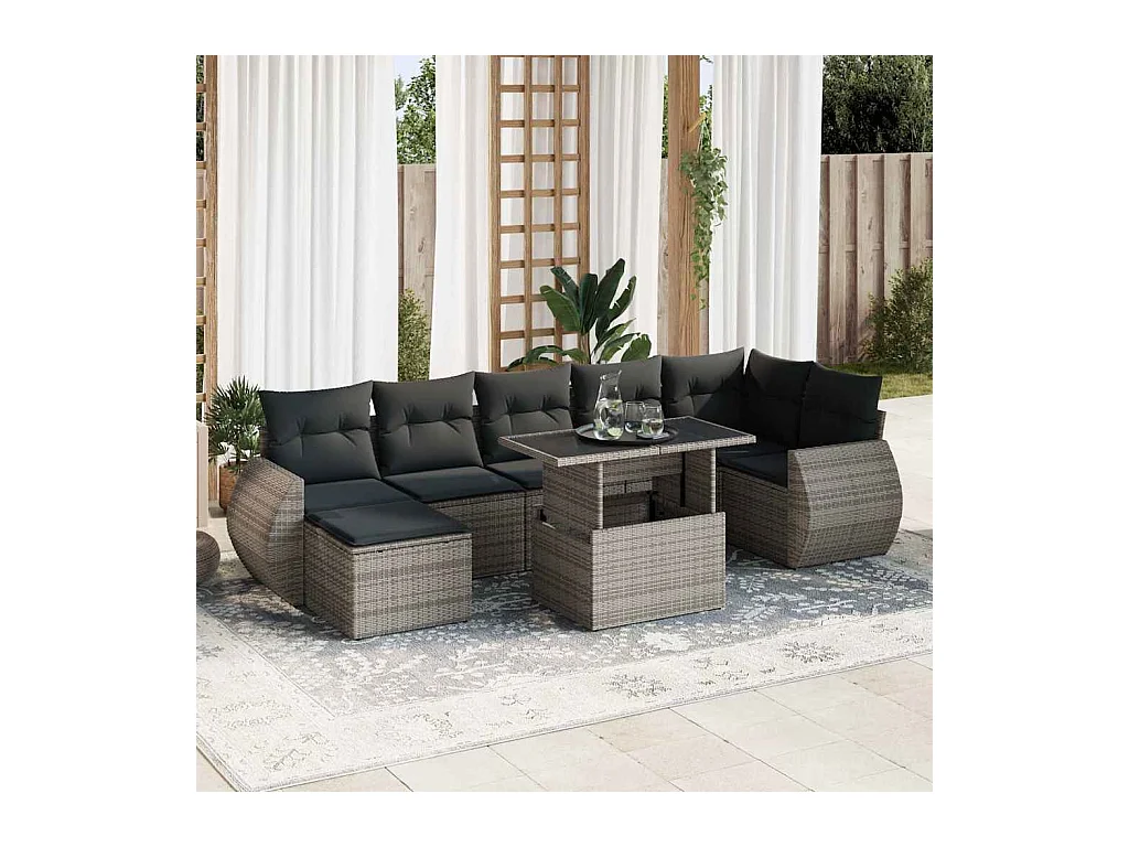 8-delige Loungeset met kussens poly rattan grijs