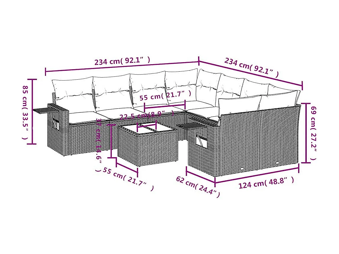 9-tlg. Garten-Sofagarnitur mit Kissen Braun Poly Rattan
