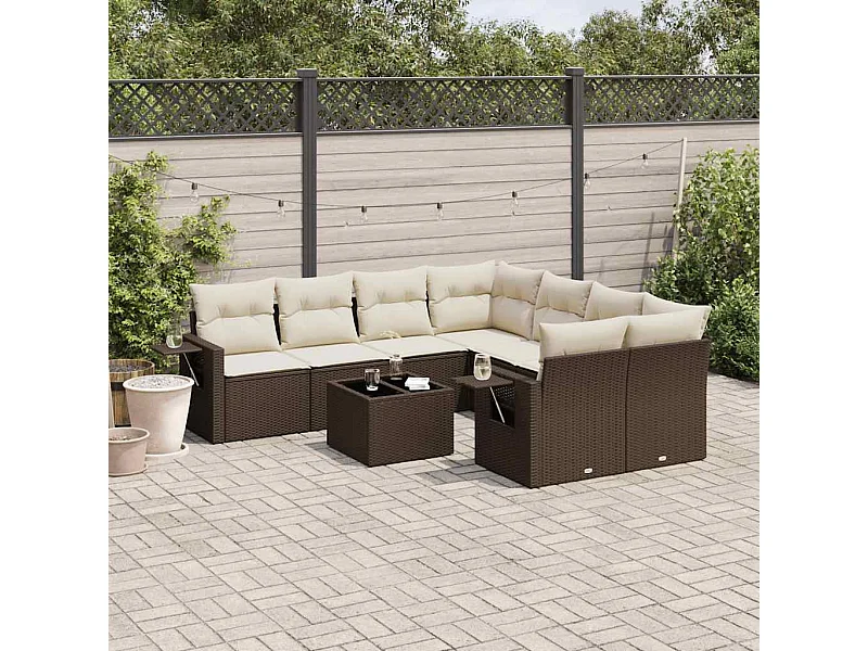 9-tlg. Garten-Sofagarnitur mit Kissen Braun Poly Rattan