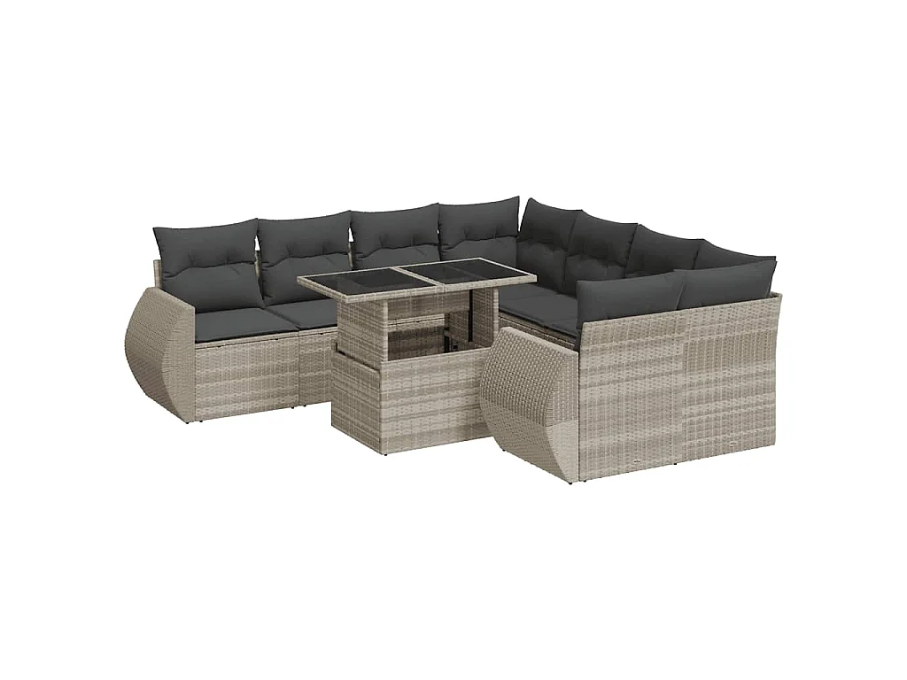 9-tlg. Garten-Sofagarnitur mit Kissen Hellgrau Poly Rattan