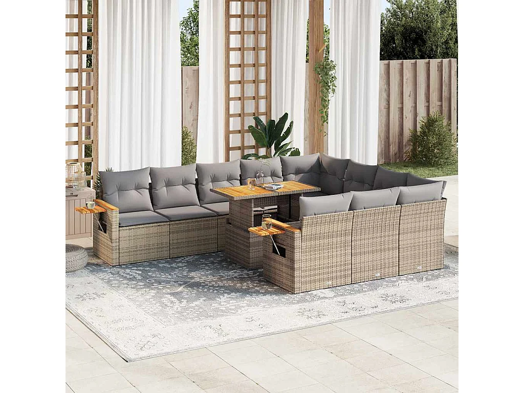 Set Divani da Giardino 11pz con Cuscini Beige Acacia Polyrattan