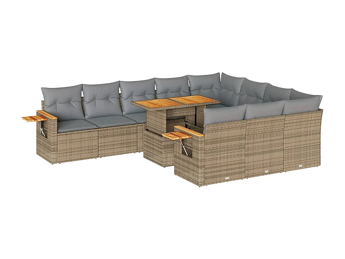 Set Divani da Giardino 11pz con Cuscini Beige Acacia Polyrattan