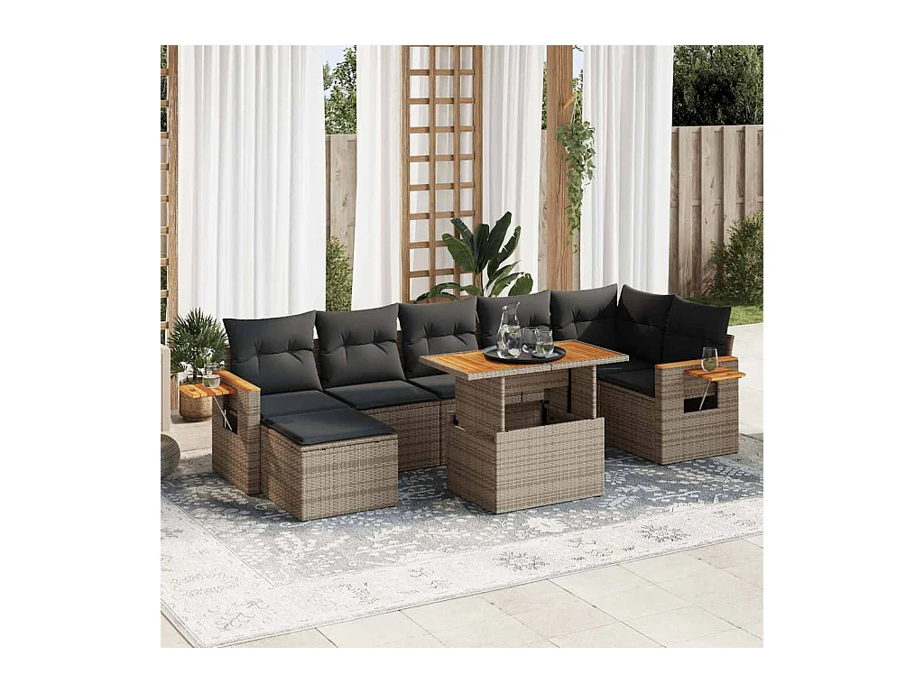 Salon de jardin avec coussins 8 pcs gris résine tressée acacia