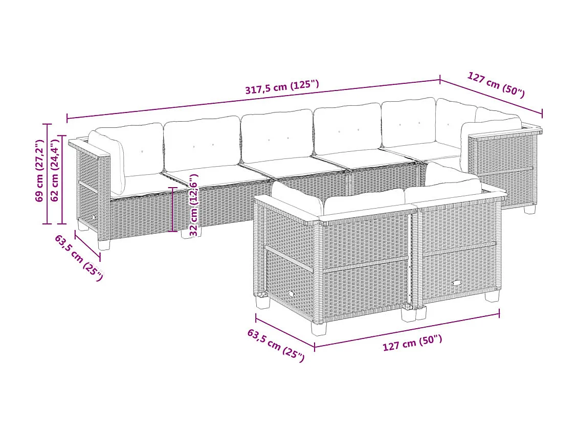 Salon de jardin avec coussins 8 pcs beige résine tressée
