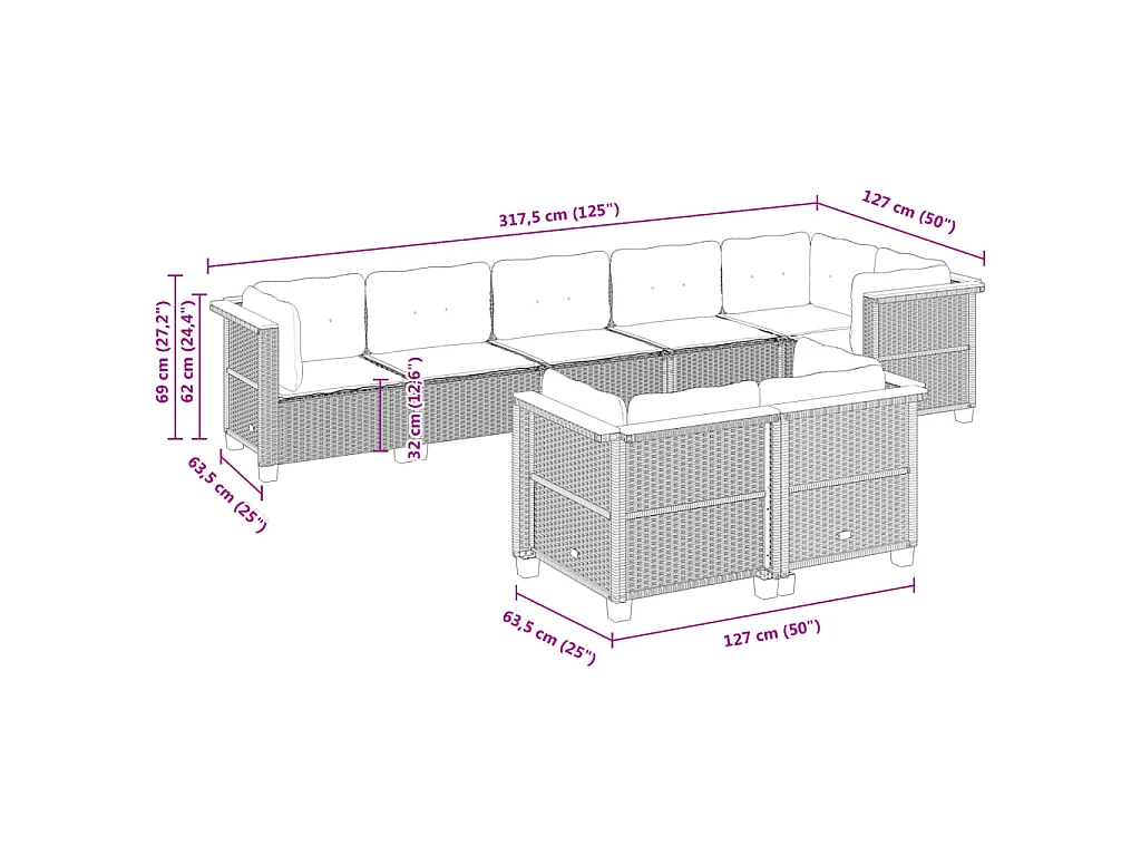 8-delige Loungeset met kussens poly rattan beige