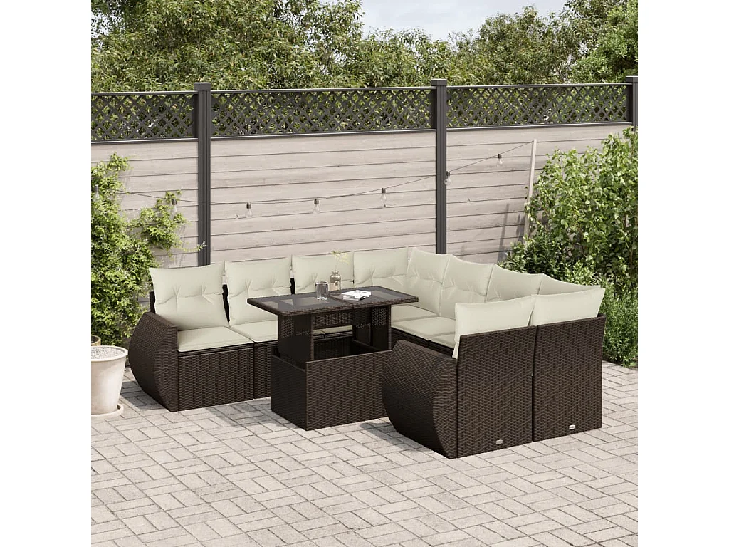 Salon de jardin avec coussins 9 pcs marron résine tressée