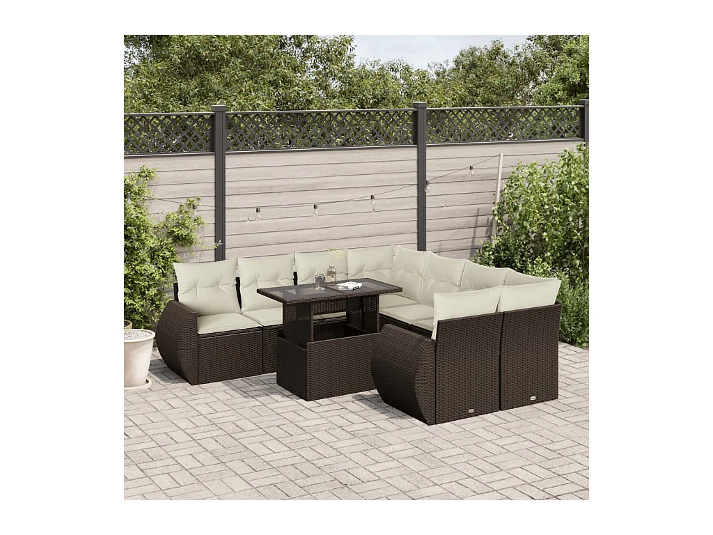 Salon de jardin avec coussins 9 pcs marron résine tressée