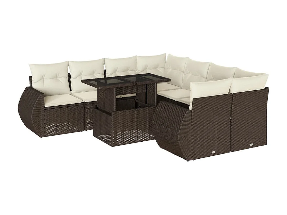 Salon de jardin avec coussins 9 pcs marron résine tressée