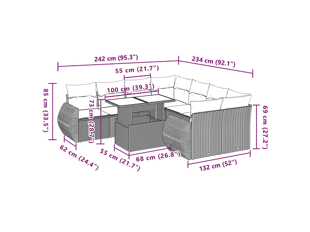 9-tlg. Garten-Sofagarnitur mit Kissen Braun Poly Rattan