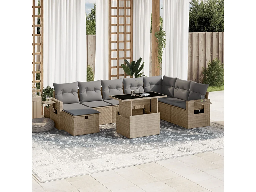 Salon de jardin avec coussins 9 pcs beige résine tressée
