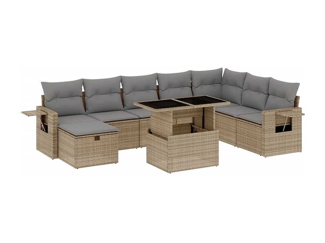 Salon de jardin avec coussins 9 pcs beige résine tressée