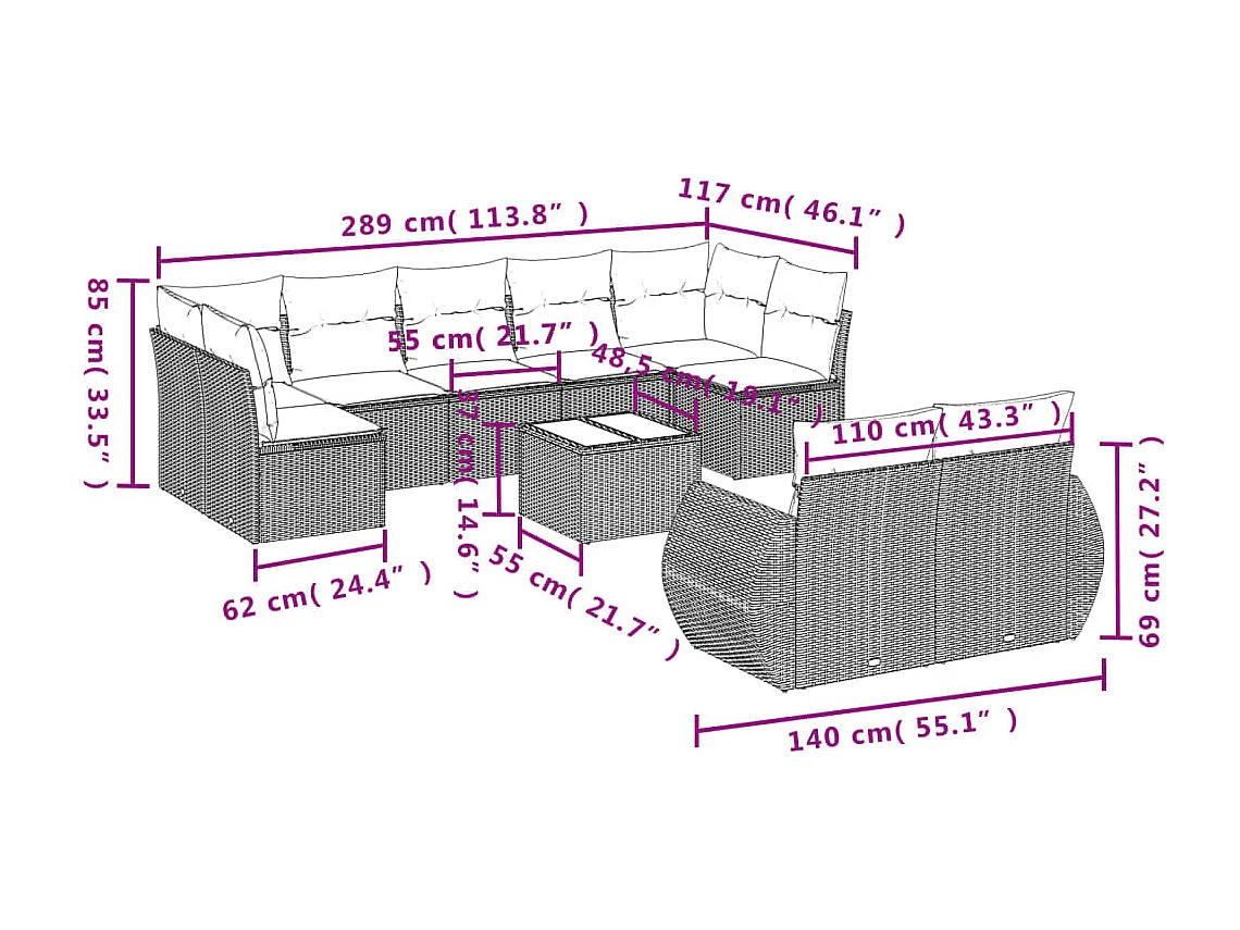 10-tlg. Garten-Sofagarnitur mit Kissen Braun Poly Rattan