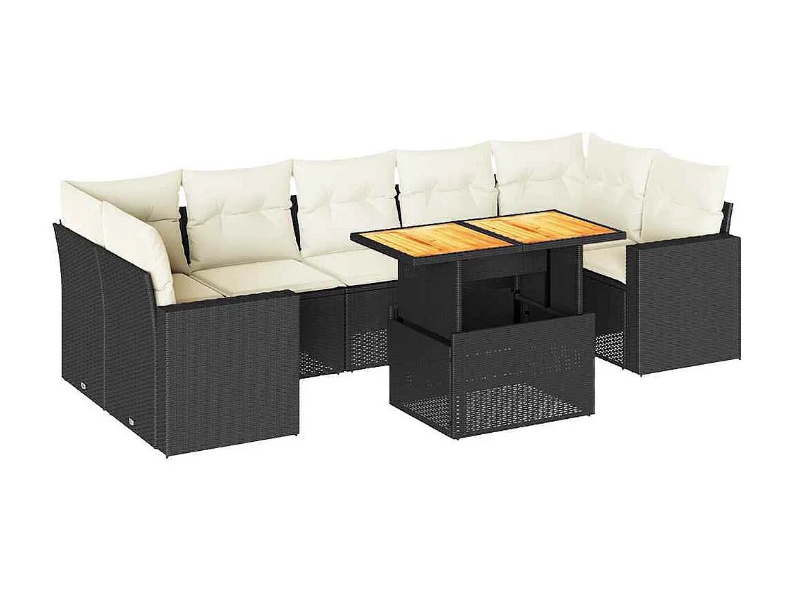 8-delige Loungeset met kussens poly rattan zwart