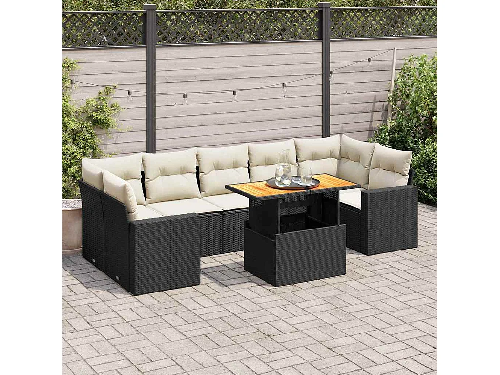 Salon de jardin 8 pcs avec coussins noir résine tressée
