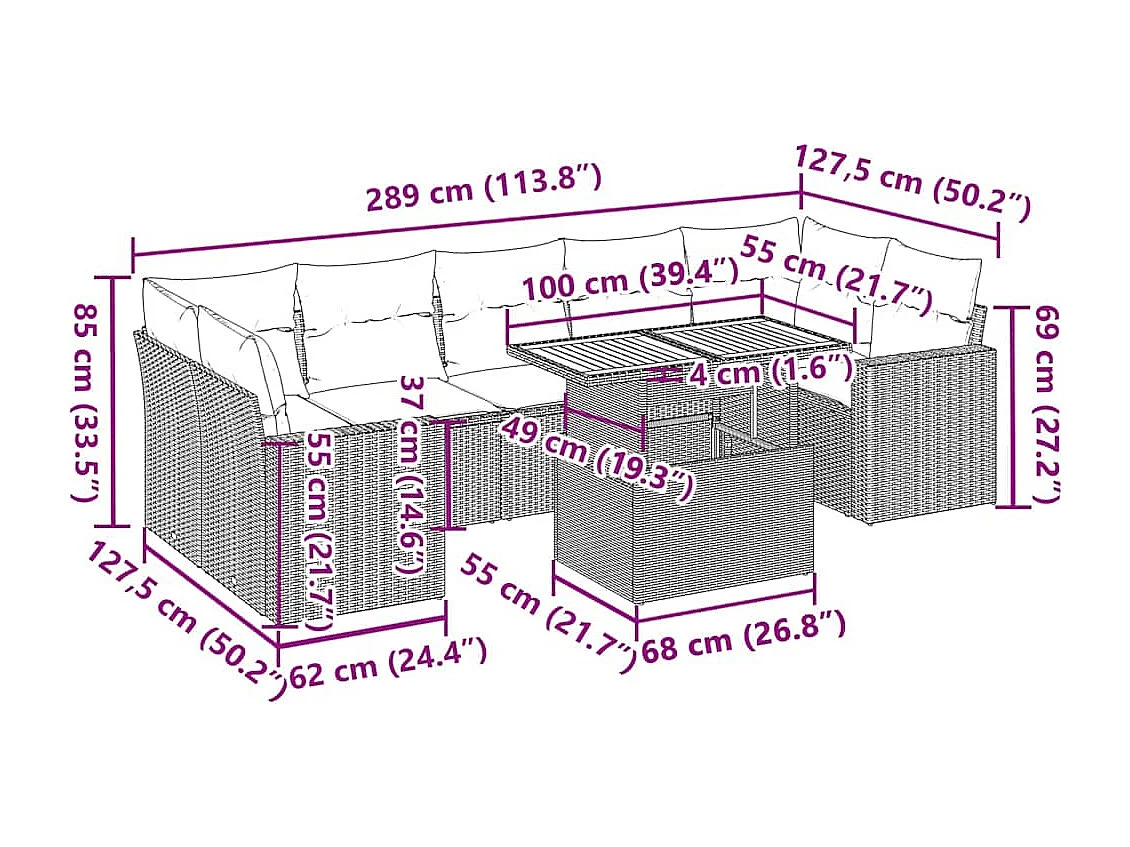 Salon de jardin 8 pcs avec coussins noir résine tressée