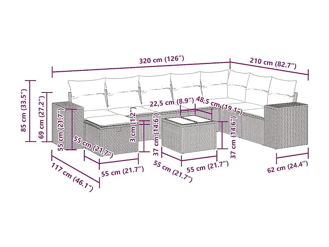 Salon de jardin 9 pcs avec coussins noir résine tressée