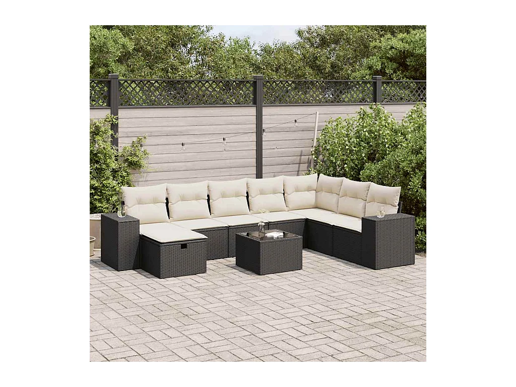 Salon de jardin 9 pcs avec coussins noir résine tressée