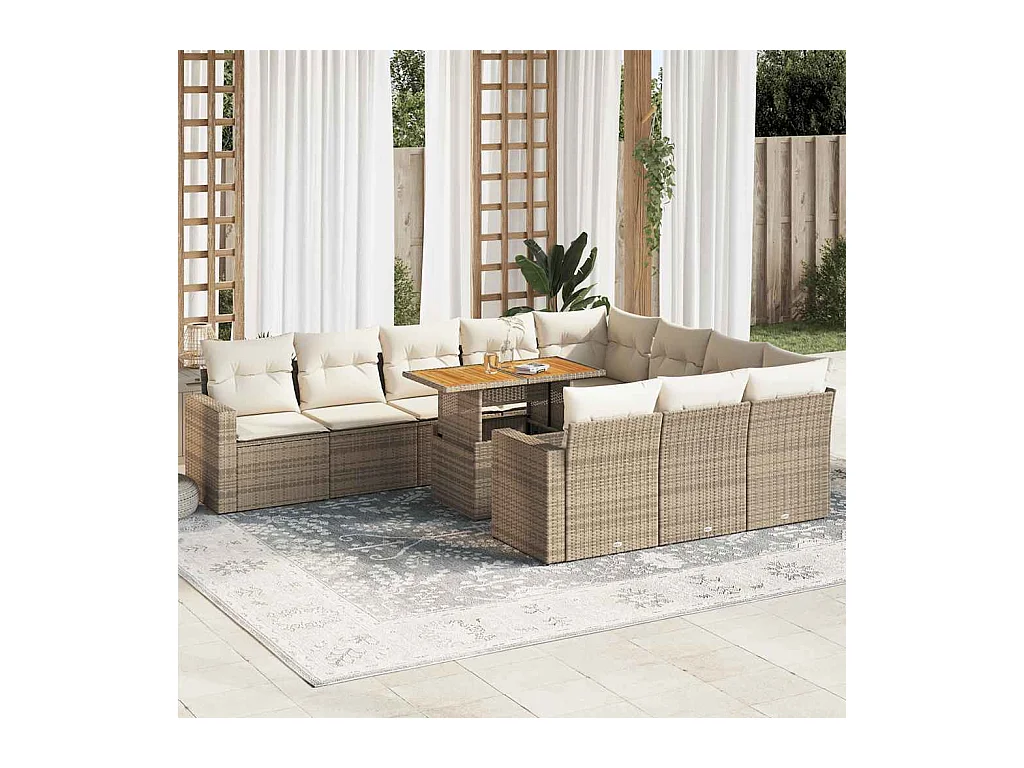 Salon de jardin 11 pcs avec coussins beige résine tressée