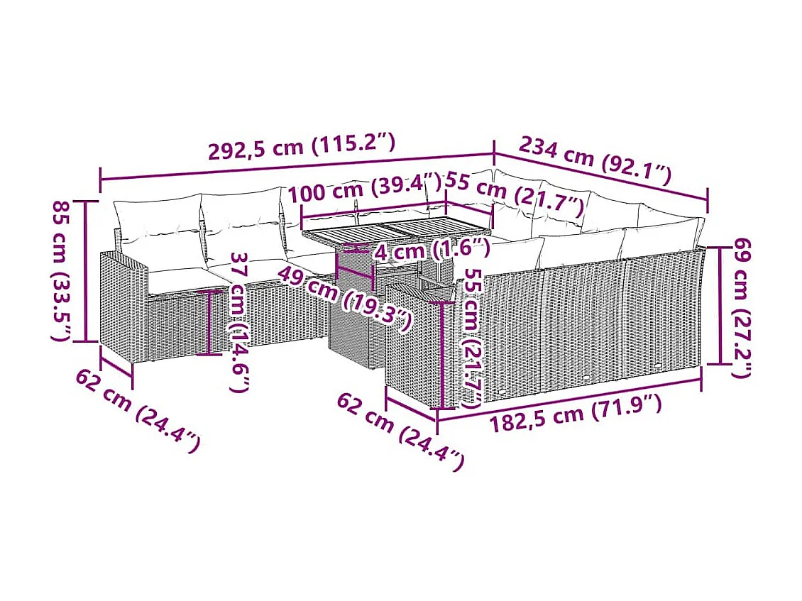 11 pcs conjunto sofás de jardim c/ almofadões vime PE bege