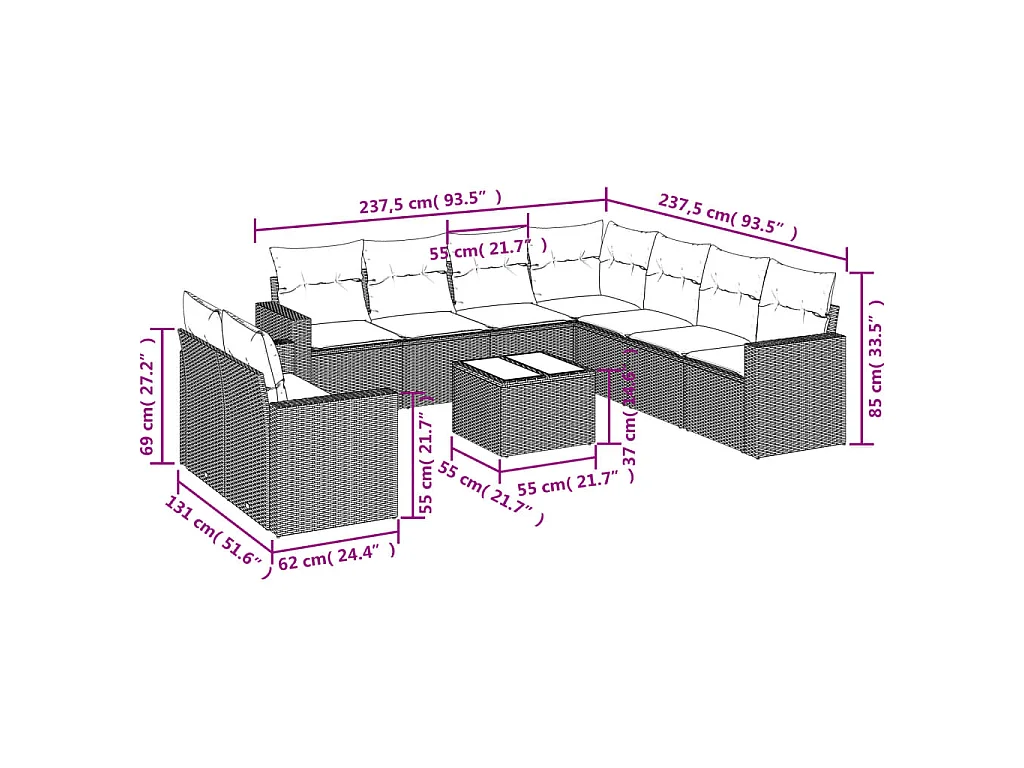 10-delige Loungeset met kussens poly rattan bruin