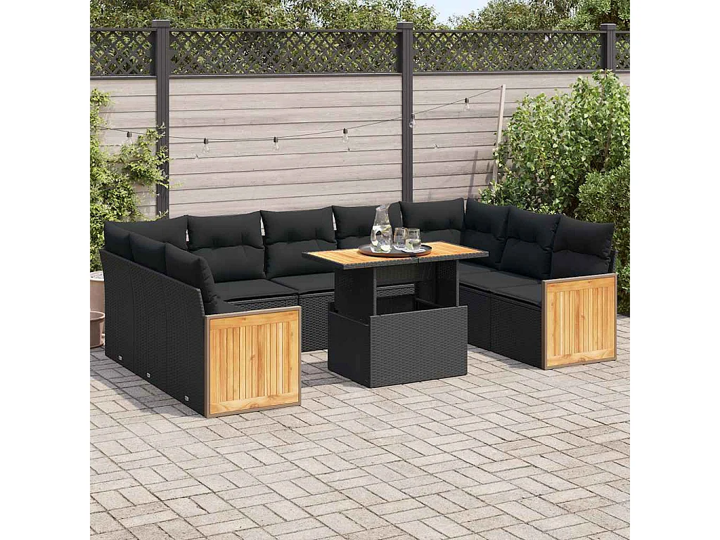 Salon de jardin 10 pcs avec coussins noir résine tressée acacia