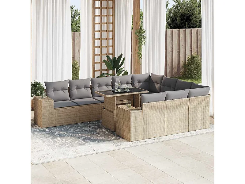 11 pcs conjunto sofás de jardim c/ almofadões vime PE bege