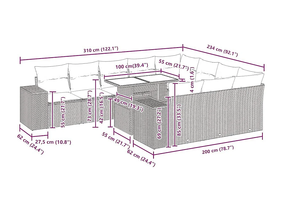 Salon de jardin 11 pcs avec coussins beige résine tressée