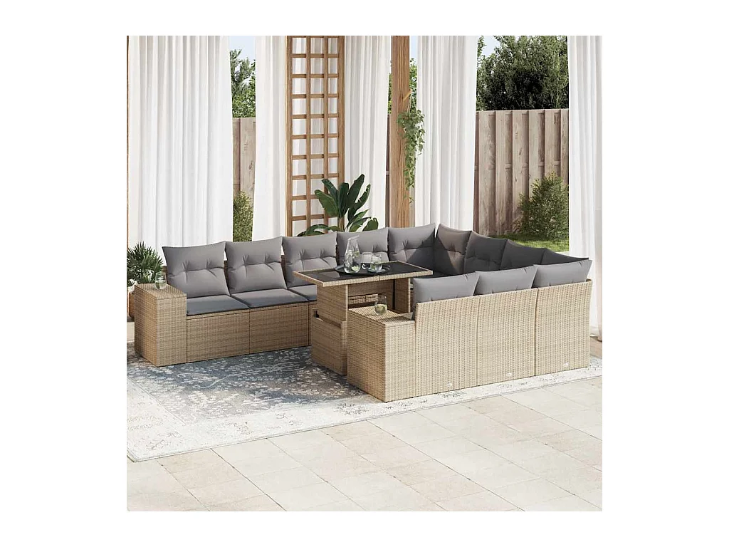 Salon de jardin 11 pcs avec coussins beige résine tressée