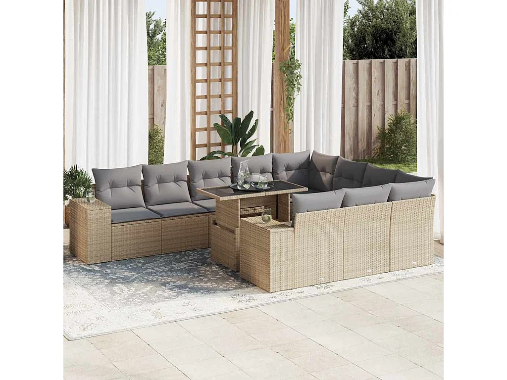 Salon de jardin 11 pcs avec coussins beige résine tressée