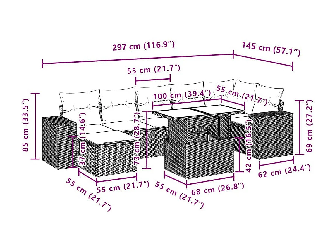 Salon de jardin 8 pcs avec coussins noir résine tressée