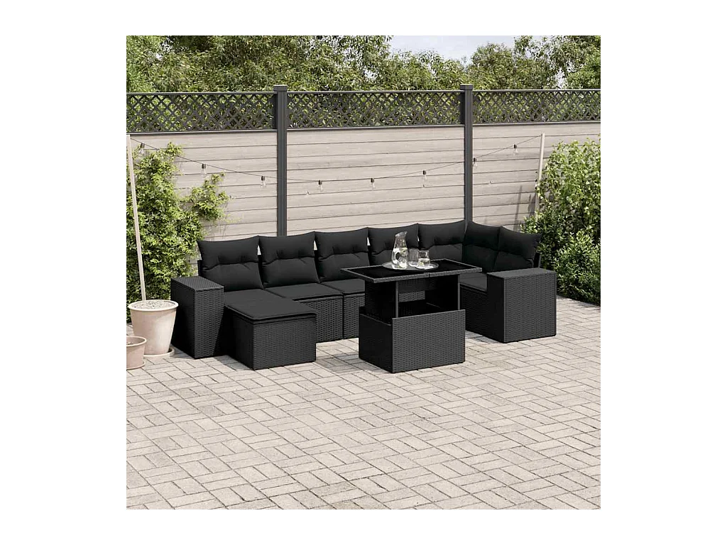 Salon de jardin 8 pcs avec coussins noir résine tressée