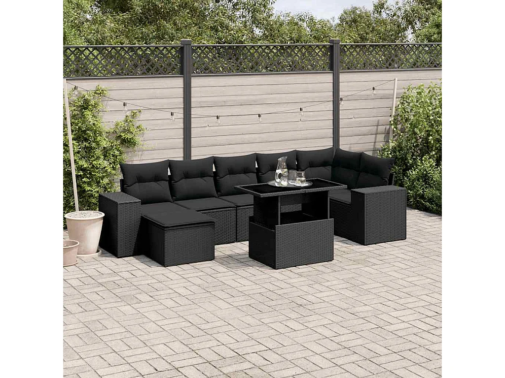 Salon de jardin 8 pcs avec coussins noir résine tressée