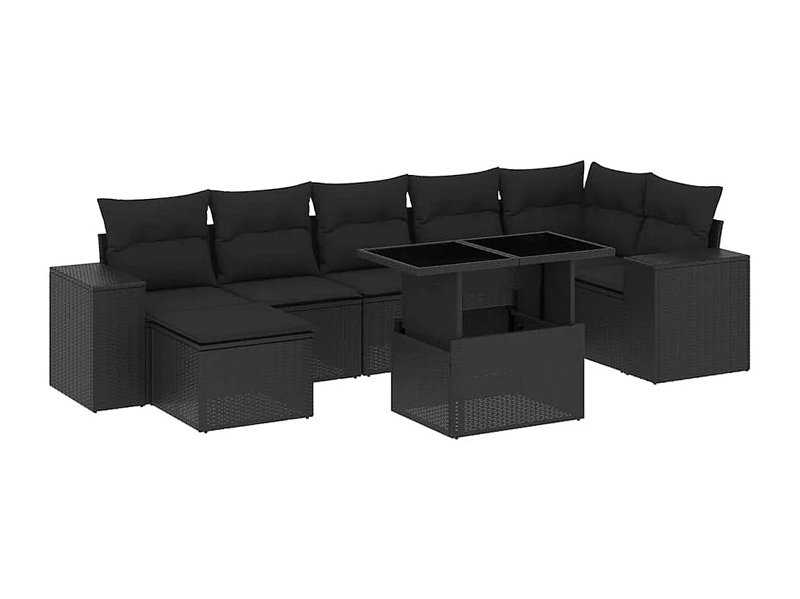 Salon de jardin 8 pcs avec coussins noir résine tressée