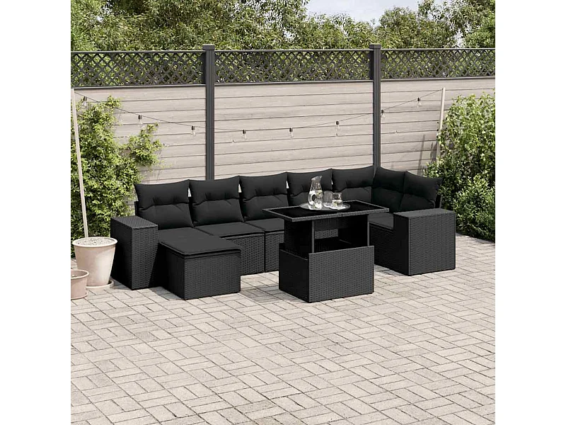 Salon de jardin 8 pcs avec coussins noir résine tressée