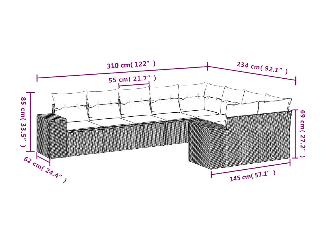 9 pcs conjunto sofás p/ jardim c/ almofadões vime PE castanho