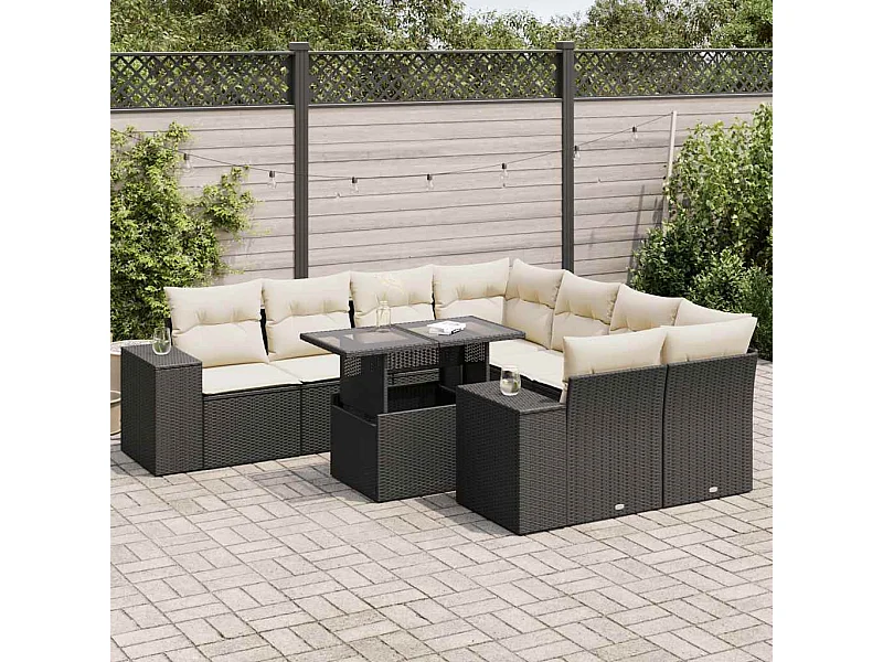 Set Divani da Giardino 9 pz con Cuscini Nero in Polyrattan
